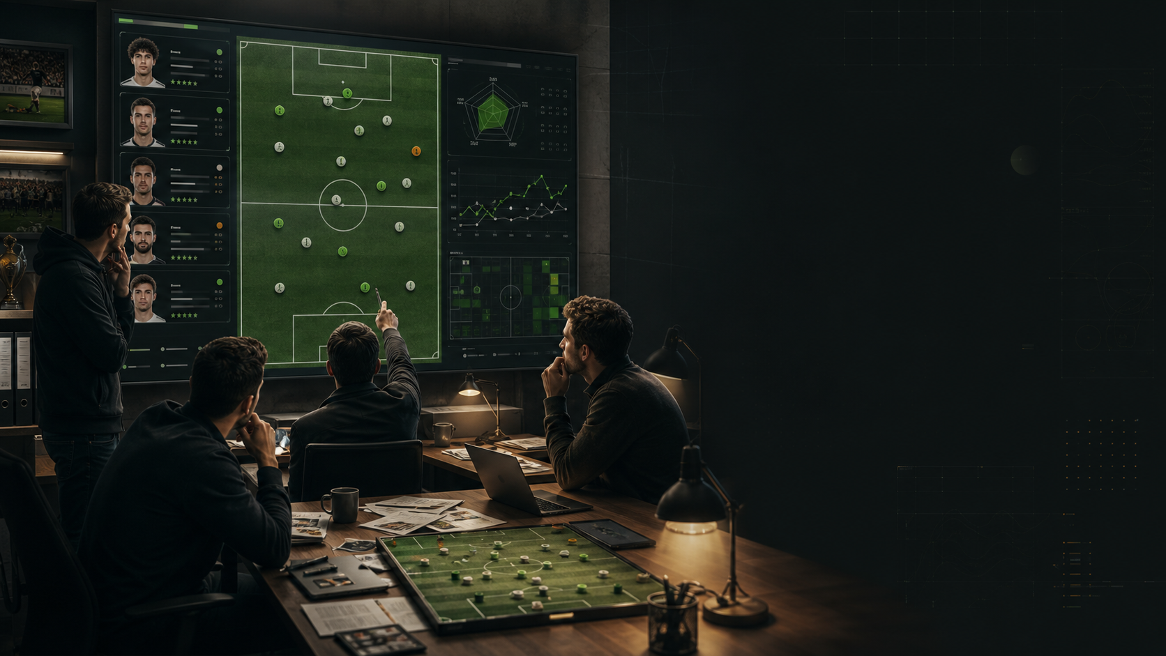 Recruitment analysts reviewing scouting data in a football war room